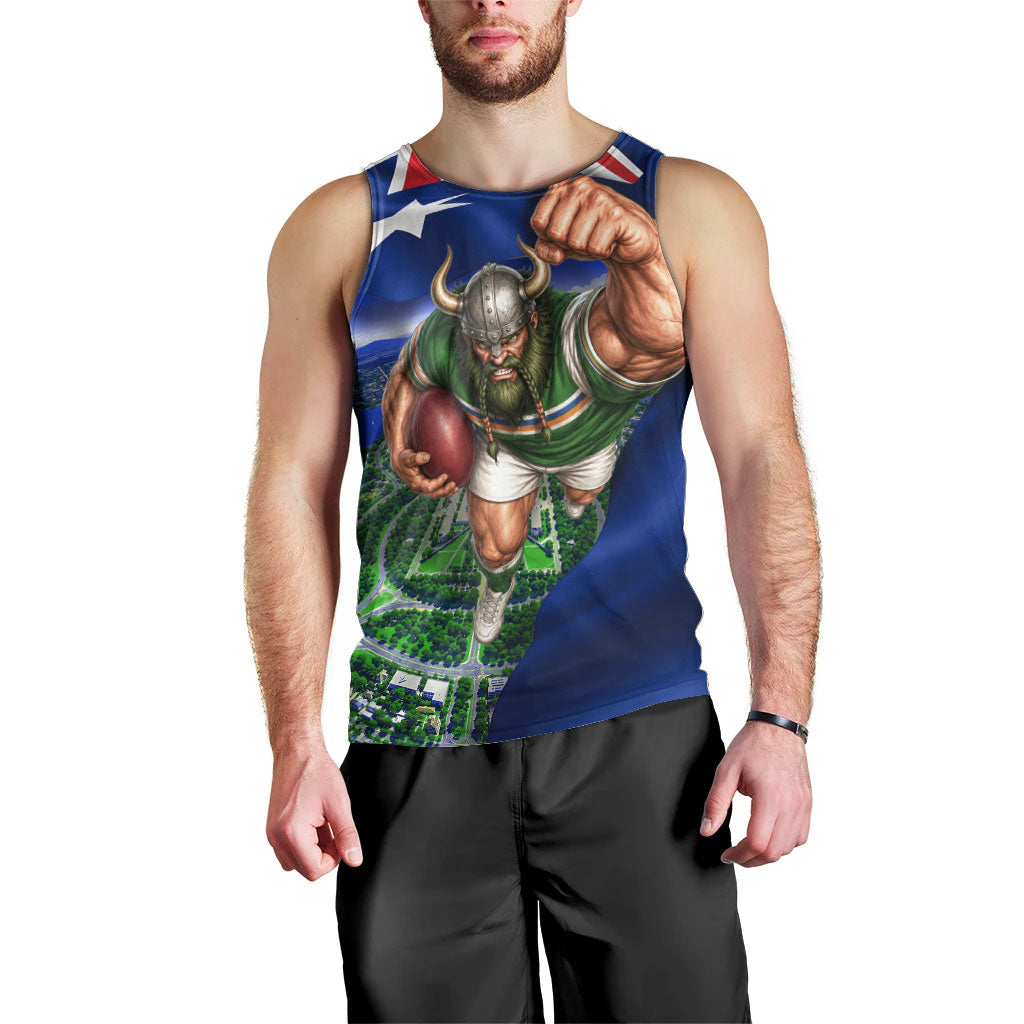 Personalized Canberra Raiders Rugby Men Tank Top Viking Mascot And Canberra Skyline Flag Art