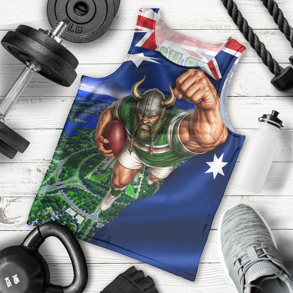 Personalized Canberra Raiders Rugby Men Tank Top Viking Mascot And Canberra Skyline Flag Art