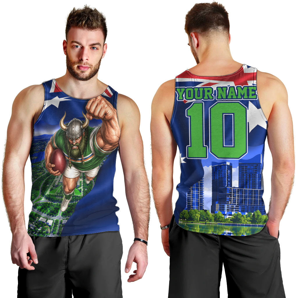 Personalized Canberra Raiders Rugby Men Tank Top Viking Mascot And Canberra Skyline Flag Art