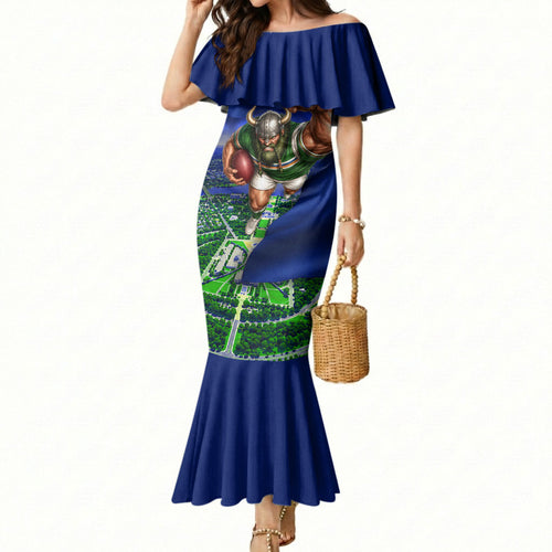 Personalized Canberra Raiders Rugby Mermaid Dress Viking Mascot And Canberra Skyline Flag Art