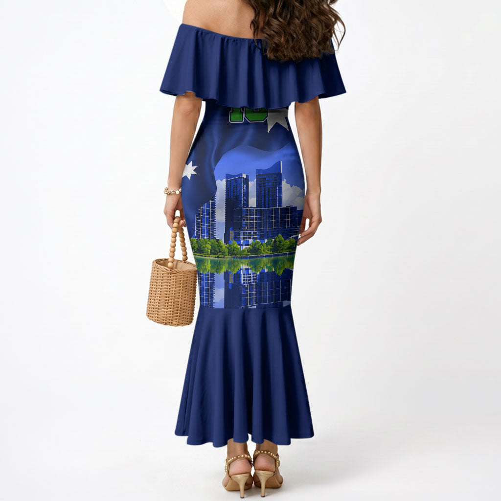 Personalized Canberra Raiders Rugby Mermaid Dress Viking Mascot And Canberra Skyline Flag Art