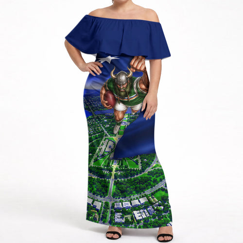 Personalized Canberra Raiders Rugby Off Shoulder Maxi Dress Viking Mascot And Canberra Skyline Flag Art