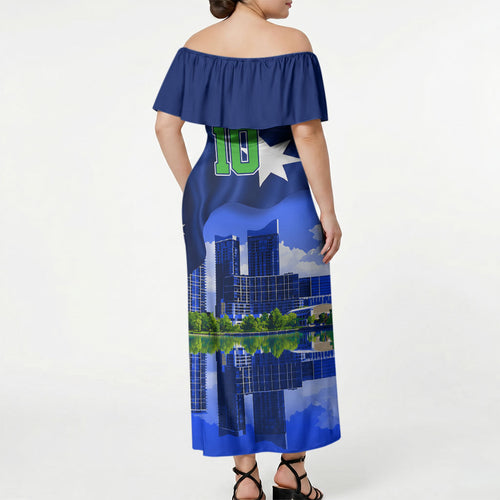 Personalized Canberra Raiders Rugby Off Shoulder Maxi Dress Viking Mascot And Canberra Skyline Flag Art