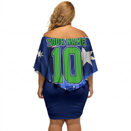 Personalized Canberra Raiders Rugby Off Shoulder Short Dress Viking Mascot And Canberra Skyline Flag Art