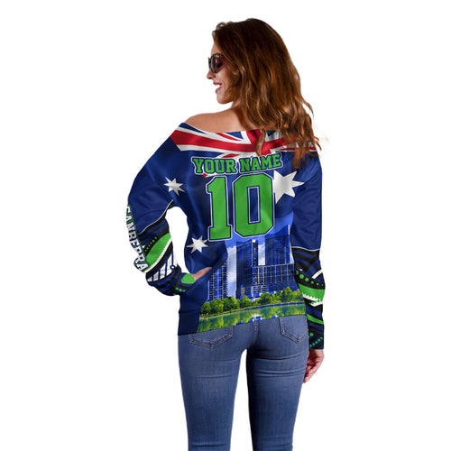 Personalized Canberra Raiders Rugby Off Shoulder Sweater Viking Mascot And Canberra Skyline Flag Art