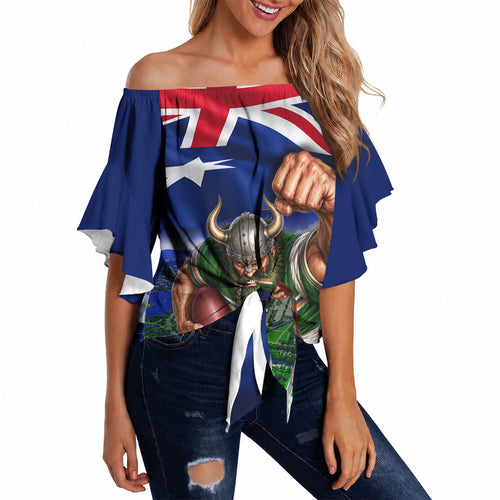 Personalized Canberra Raiders Rugby Off Shoulder Wrap Waist Top Viking Mascot And Canberra Skyline Flag Art