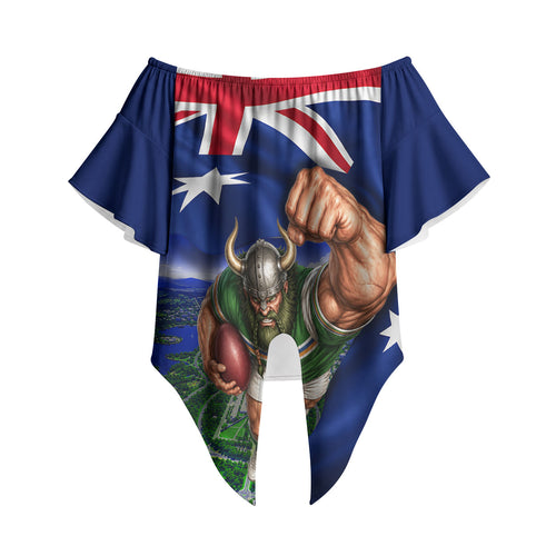Personalized Canberra Raiders Rugby Off Shoulder Wrap Waist Top Viking Mascot And Canberra Skyline Flag Art