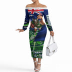 Personalized Canberra Raiders Rugby Off The Shoulder Long Sleeve Dress Viking Mascot And Canberra Skyline Flag Art