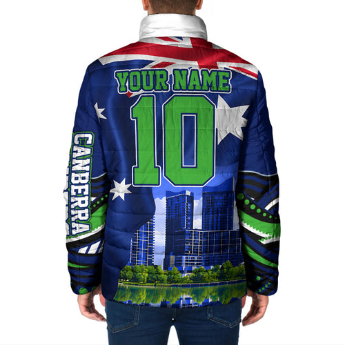 Personalized Canberra Raiders Rugby Padded Jacket Viking Mascot And Canberra Skyline Flag Art