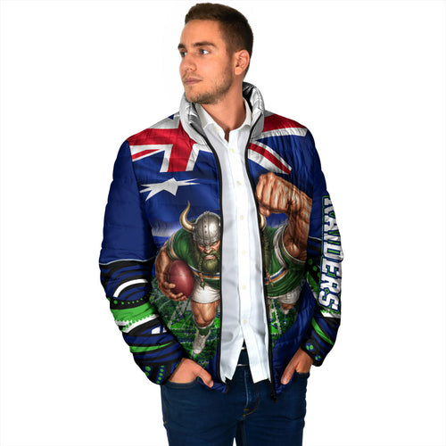 Personalized Canberra Raiders Rugby Padded Jacket Viking Mascot And Canberra Skyline Flag Art