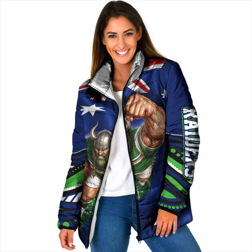 Personalized Canberra Raiders Rugby Padded Jacket Viking Mascot And Canberra Skyline Flag Art