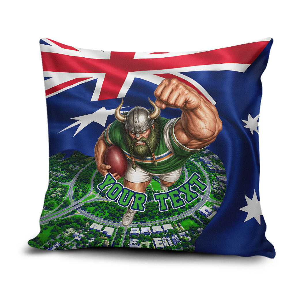 Personalized Canberra Raiders Rugby Pillow Cover Viking Mascot And Canberra Skyline Flag Art