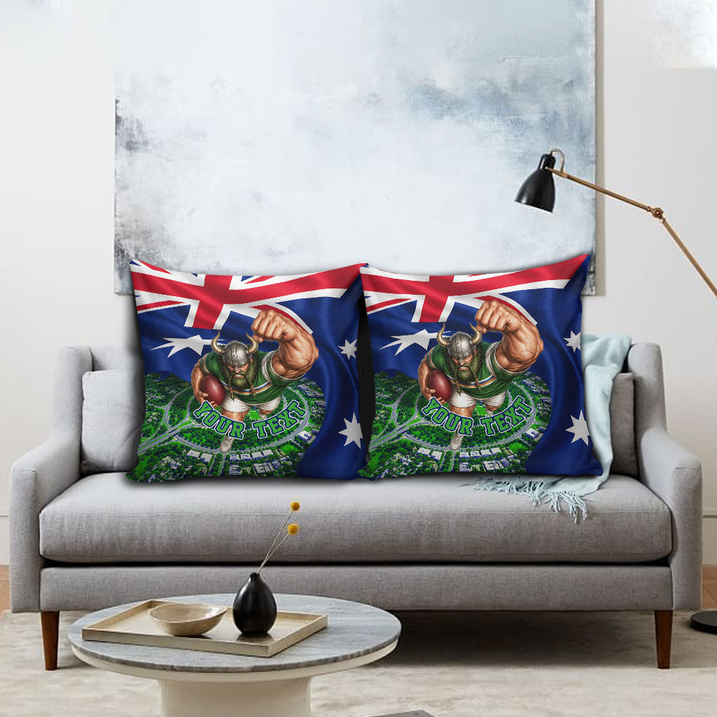 Personalized Canberra Raiders Rugby Pillow Cover Viking Mascot And Canberra Skyline Flag Art