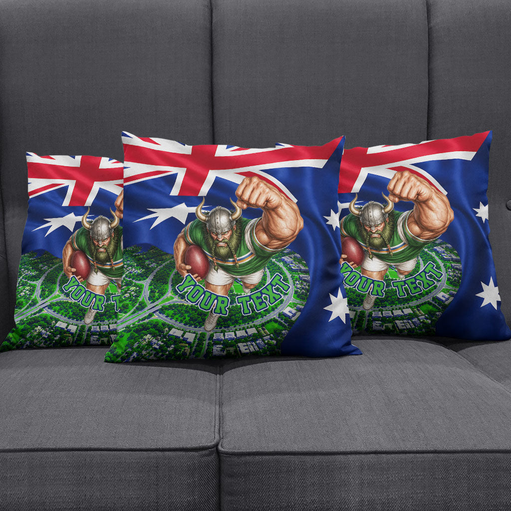 Personalized Canberra Raiders Rugby Pillow Cover Viking Mascot And Canberra Skyline Flag Art
