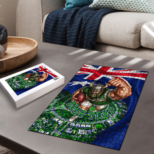 Personalized Canberra Raiders Rugby Puzzle Viking Mascot And Canberra Skyline Flag Art