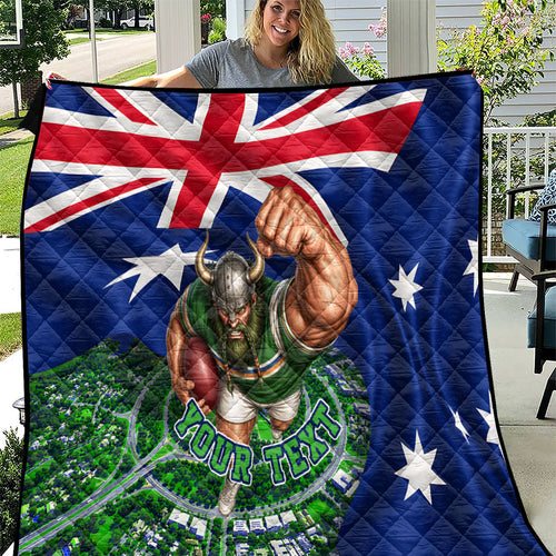 Personalized Canberra Raiders Rugby Quilt Viking Mascot And Canberra Skyline Flag Art