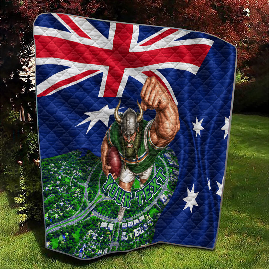 Personalized Canberra Raiders Rugby Quilt Viking Mascot And Canberra Skyline Flag Art