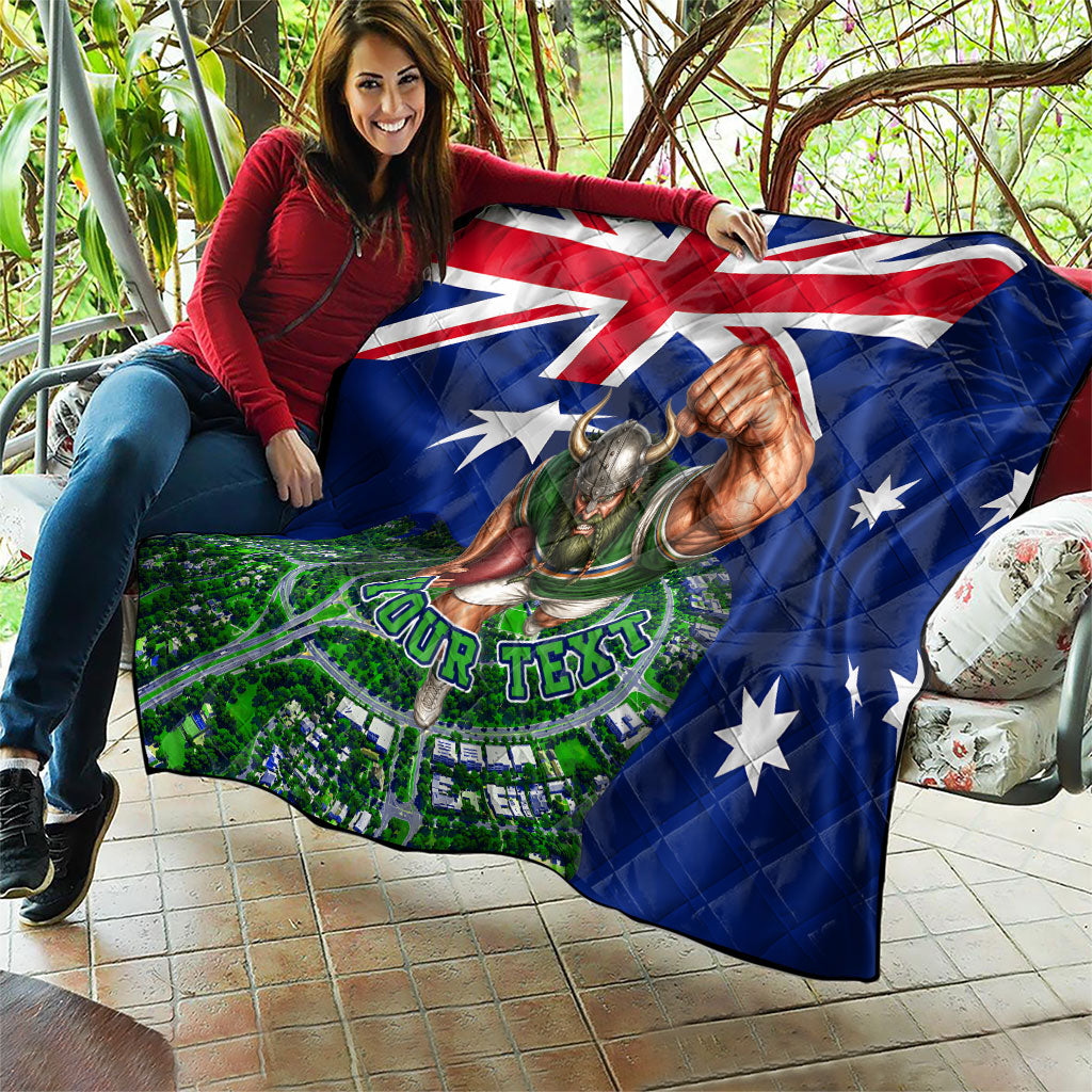 Personalized Canberra Raiders Rugby Quilt Viking Mascot And Canberra Skyline Flag Art