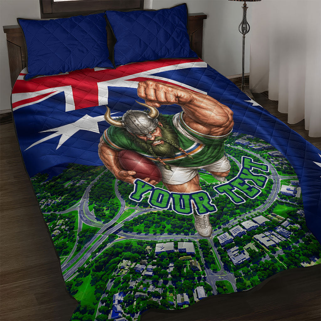 Personalized Canberra Raiders Rugby Quilt Bed Set Viking Mascot And Canberra Skyline Flag Art