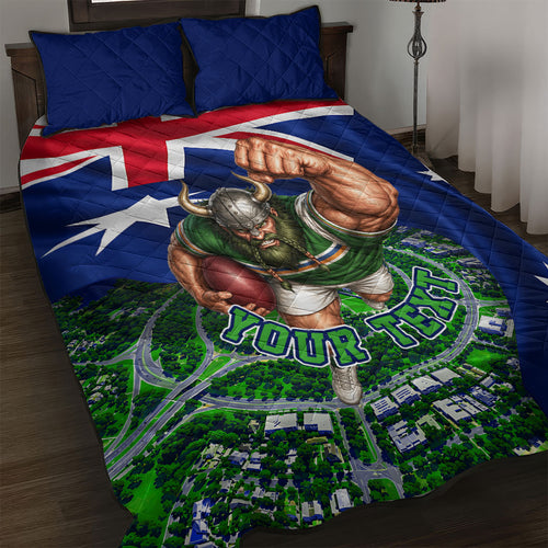 Personalized Canberra Raiders Rugby Quilt Bed Set Viking Mascot And Canberra Skyline Flag Art