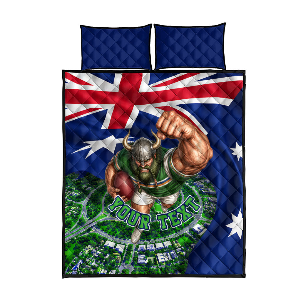 Personalized Canberra Raiders Rugby Quilt Bed Set Viking Mascot And Canberra Skyline Flag Art