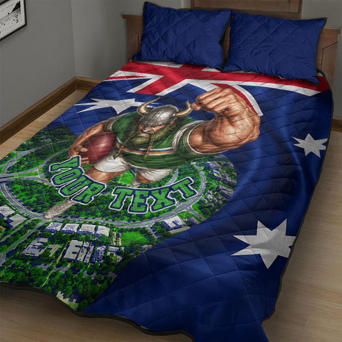 Personalized Canberra Raiders Rugby Quilt Bed Set Viking Mascot And Canberra Skyline Flag Art