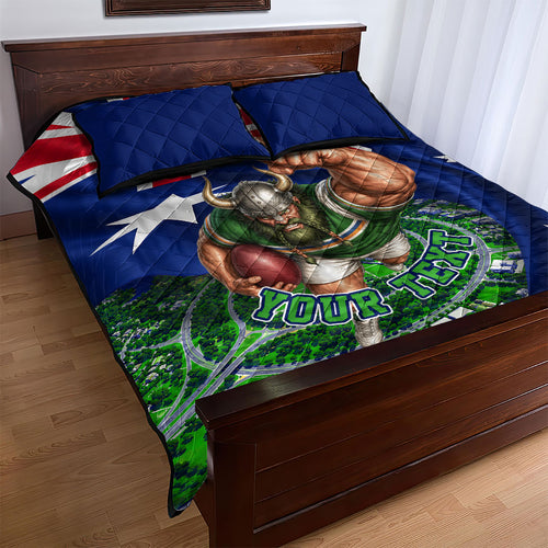 Personalized Canberra Raiders Rugby Quilt Bed Set Viking Mascot And Canberra Skyline Flag Art