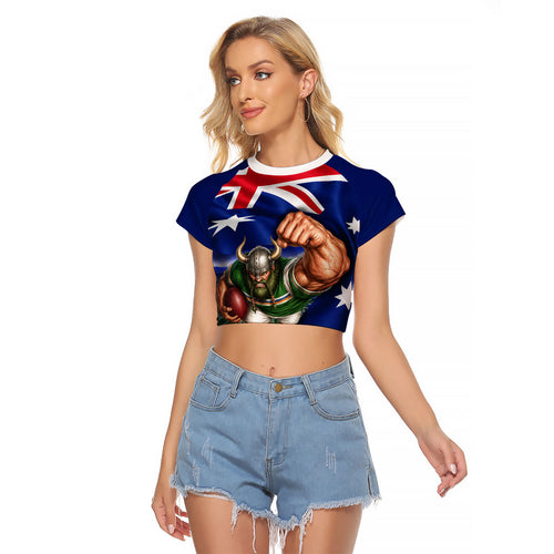 Personalized Canberra Raiders Rugby Raglan Cropped T Shirt Viking Mascot And Canberra Skyline Flag Art