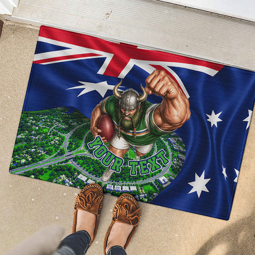 Personalized Canberra Raiders Rugby Rubber Doormat Viking Mascot And Canberra Skyline Flag Art