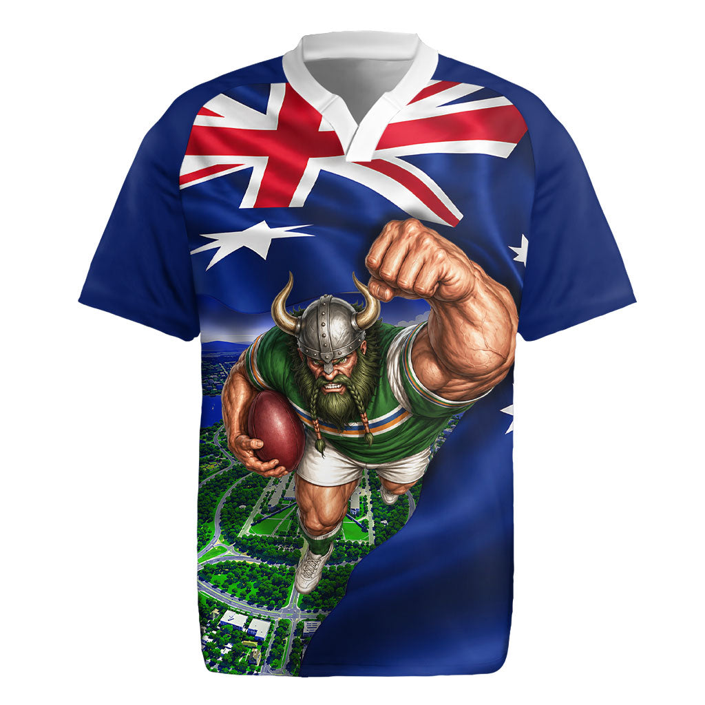 Personalized Canberra Raiders Rugby Rugby Jersey Viking Mascot And Canberra Skyline Flag Art