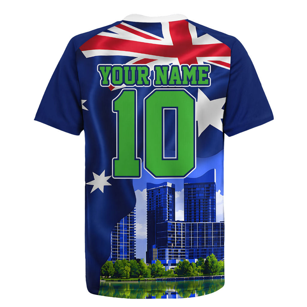 Personalized Canberra Raiders Rugby Rugby Jersey Viking Mascot And Canberra Skyline Flag Art