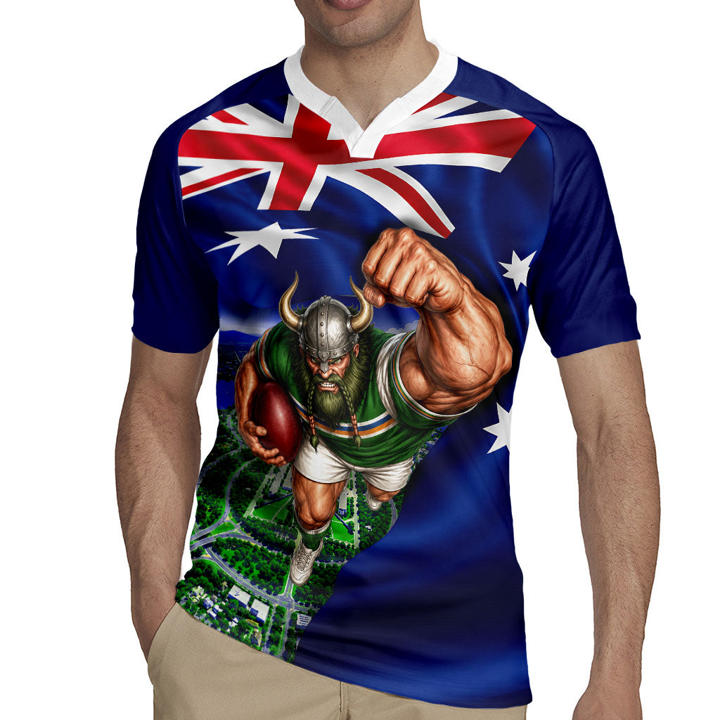 Personalized Canberra Raiders Rugby Rugby Jersey Viking Mascot And Canberra Skyline Flag Art