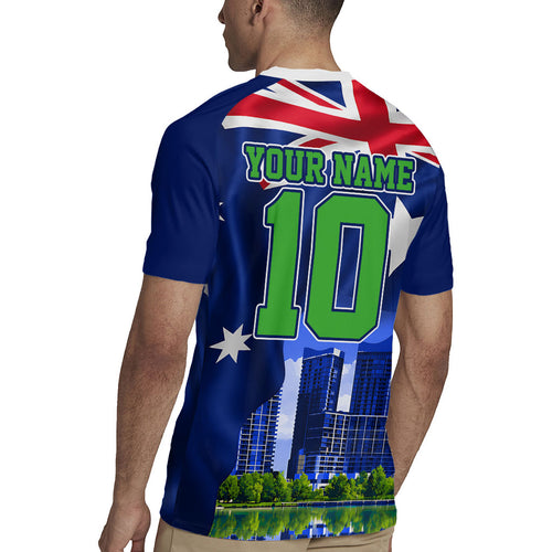 Personalized Canberra Raiders Rugby Rugby Jersey Viking Mascot And Canberra Skyline Flag Art