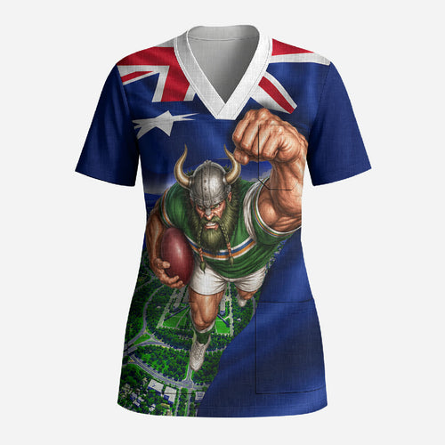 Personalized Canberra Raiders Rugby Scrub Top Viking Mascot And Canberra Skyline Flag Art