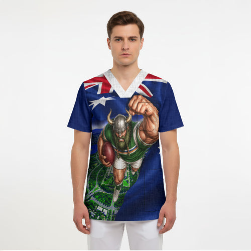 Personalized Canberra Raiders Rugby Scrub Top Viking Mascot And Canberra Skyline Flag Art