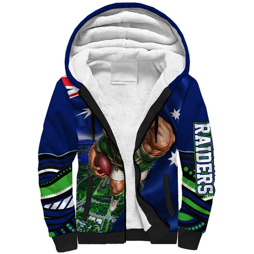 Personalized Canberra Raiders Rugby Sherpa Hoodie Viking Mascot And Canberra Skyline Flag Art