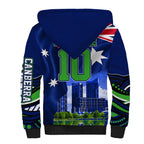 Personalized Canberra Raiders Rugby Sherpa Hoodie Viking Mascot And Canberra Skyline Flag Art