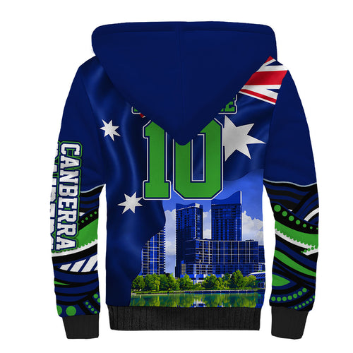 Personalized Canberra Raiders Rugby Sherpa Hoodie Viking Mascot And Canberra Skyline Flag Art