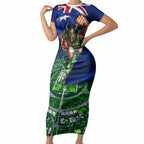 Personalized Canberra Raiders Rugby Short Sleeve Bodycon Dress Viking Mascot And Canberra Skyline Flag Art