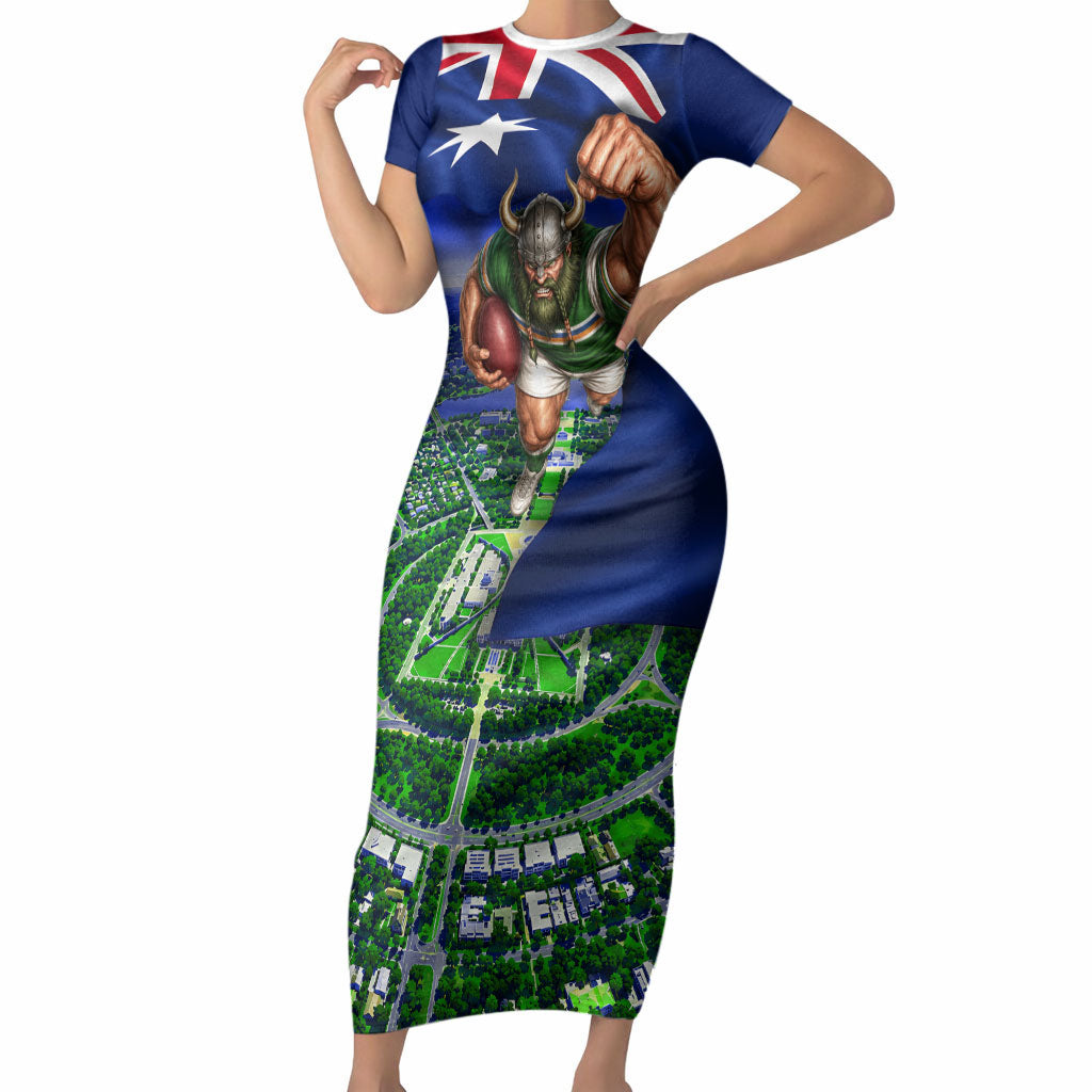 Personalized Canberra Raiders Rugby Short Sleeve Bodycon Dress Viking Mascot And Canberra Skyline Flag Art