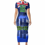 Personalized Canberra Raiders Rugby Short Sleeve Bodycon Dress Viking Mascot And Canberra Skyline Flag Art