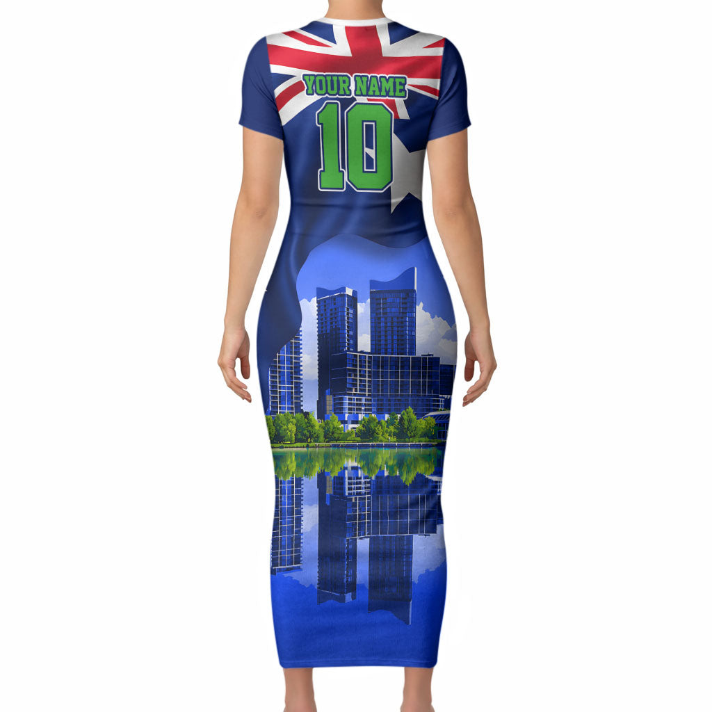 Personalized Canberra Raiders Rugby Short Sleeve Bodycon Dress Viking Mascot And Canberra Skyline Flag Art