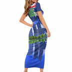 Personalized Canberra Raiders Rugby Short Sleeve Bodycon Dress Viking Mascot And Canberra Skyline Flag Art