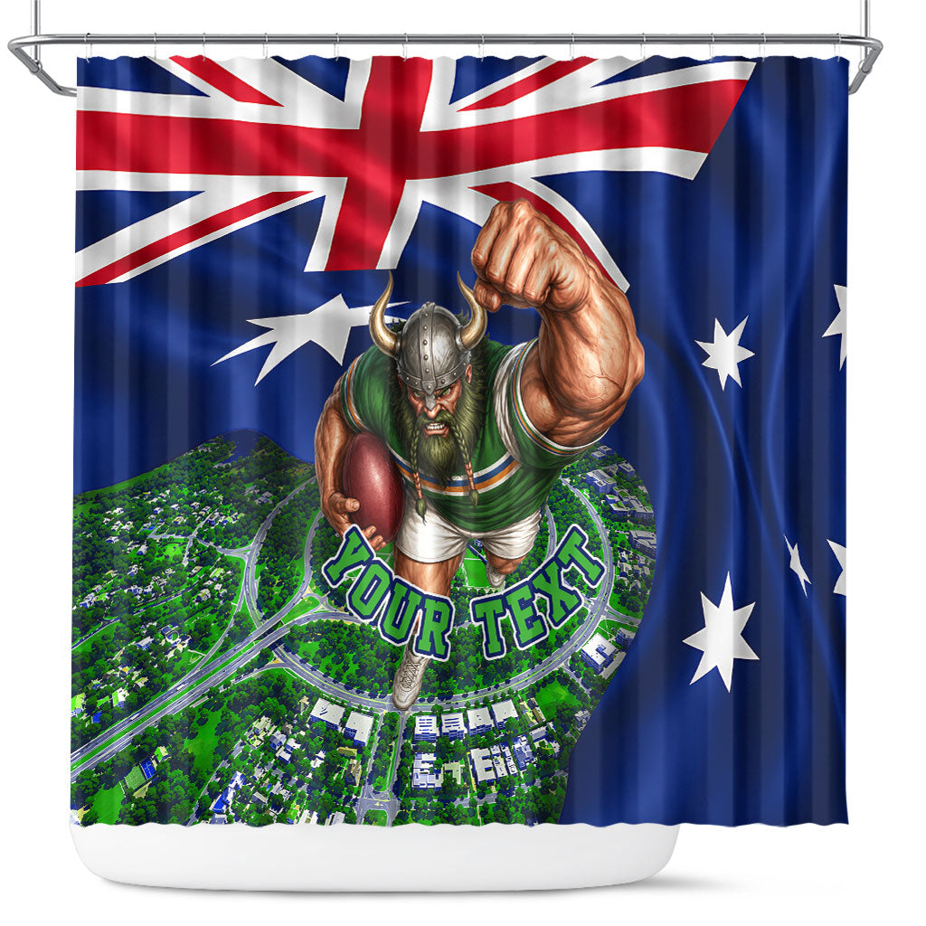 Personalized Canberra Raiders Rugby Shower Curtain Viking Mascot And Canberra Skyline Flag Art