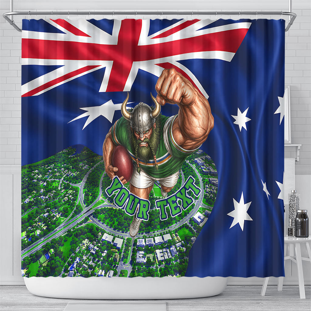 Personalized Canberra Raiders Rugby Shower Curtain Viking Mascot And Canberra Skyline Flag Art
