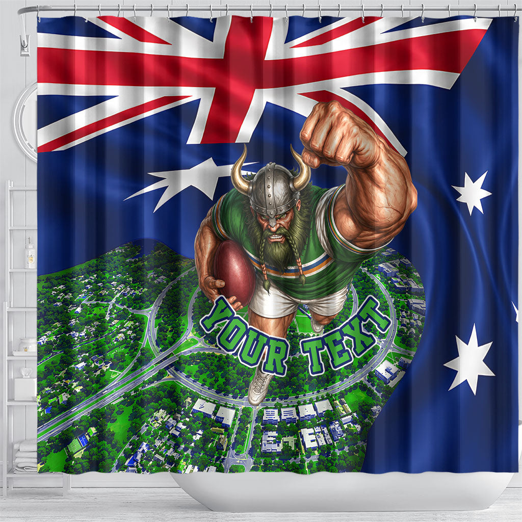 Personalized Canberra Raiders Rugby Shower Curtain Viking Mascot And Canberra Skyline Flag Art
