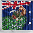 Personalized Canberra Raiders Rugby Shower Curtain Viking Mascot And Canberra Skyline Flag Art
