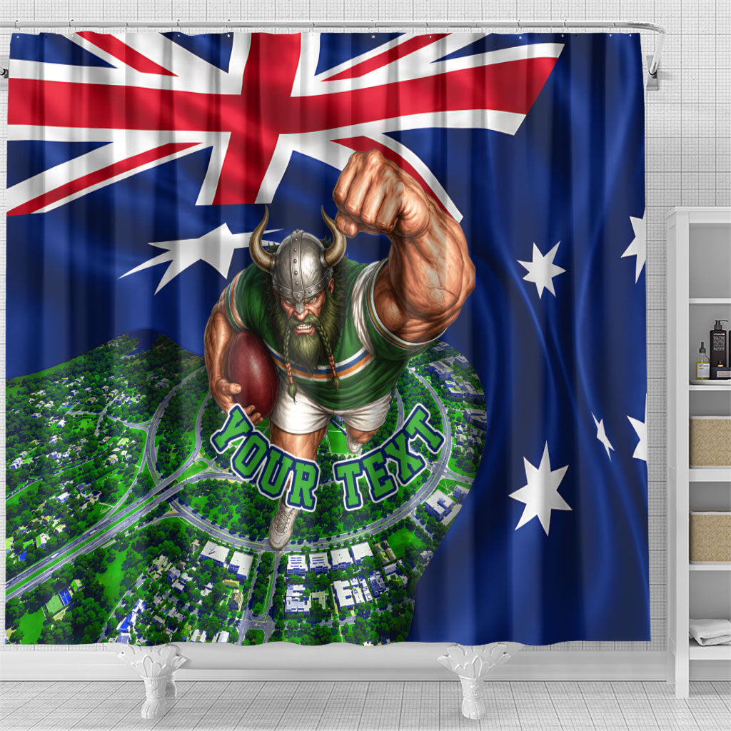 Personalized Canberra Raiders Rugby Shower Curtain Viking Mascot And Canberra Skyline Flag Art
