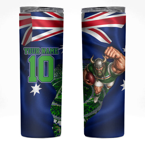 Personalized Canberra Raiders Rugby Skinny Tumbler Viking Mascot And Canberra Skyline Flag Art