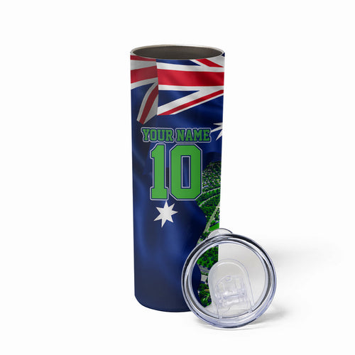 Personalized Canberra Raiders Rugby Skinny Tumbler Viking Mascot And Canberra Skyline Flag Art